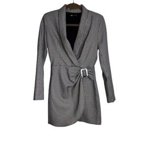 Zara Women's Black White Houndstooth Blazer Dress Small Faux Belt Office Classic